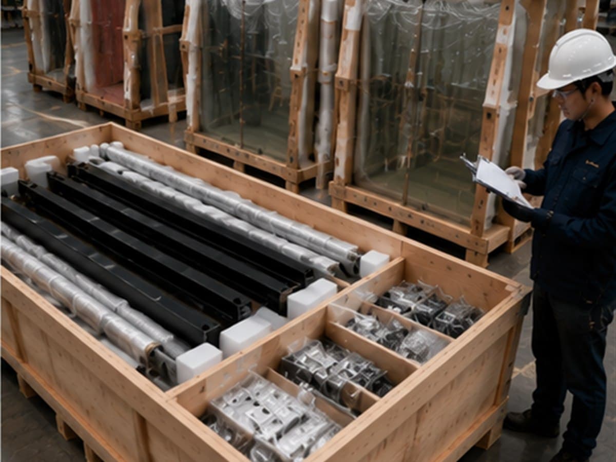 Inspector reviewing protected railing posts, handrails and fittings in export crates