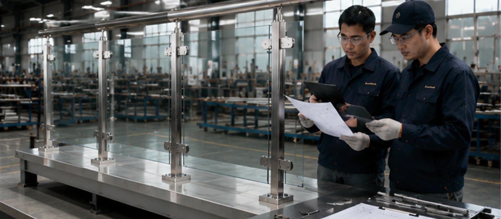 Factory inspectors reviewing a full-size custom stainless steel and glass railing assembly against approved drawings