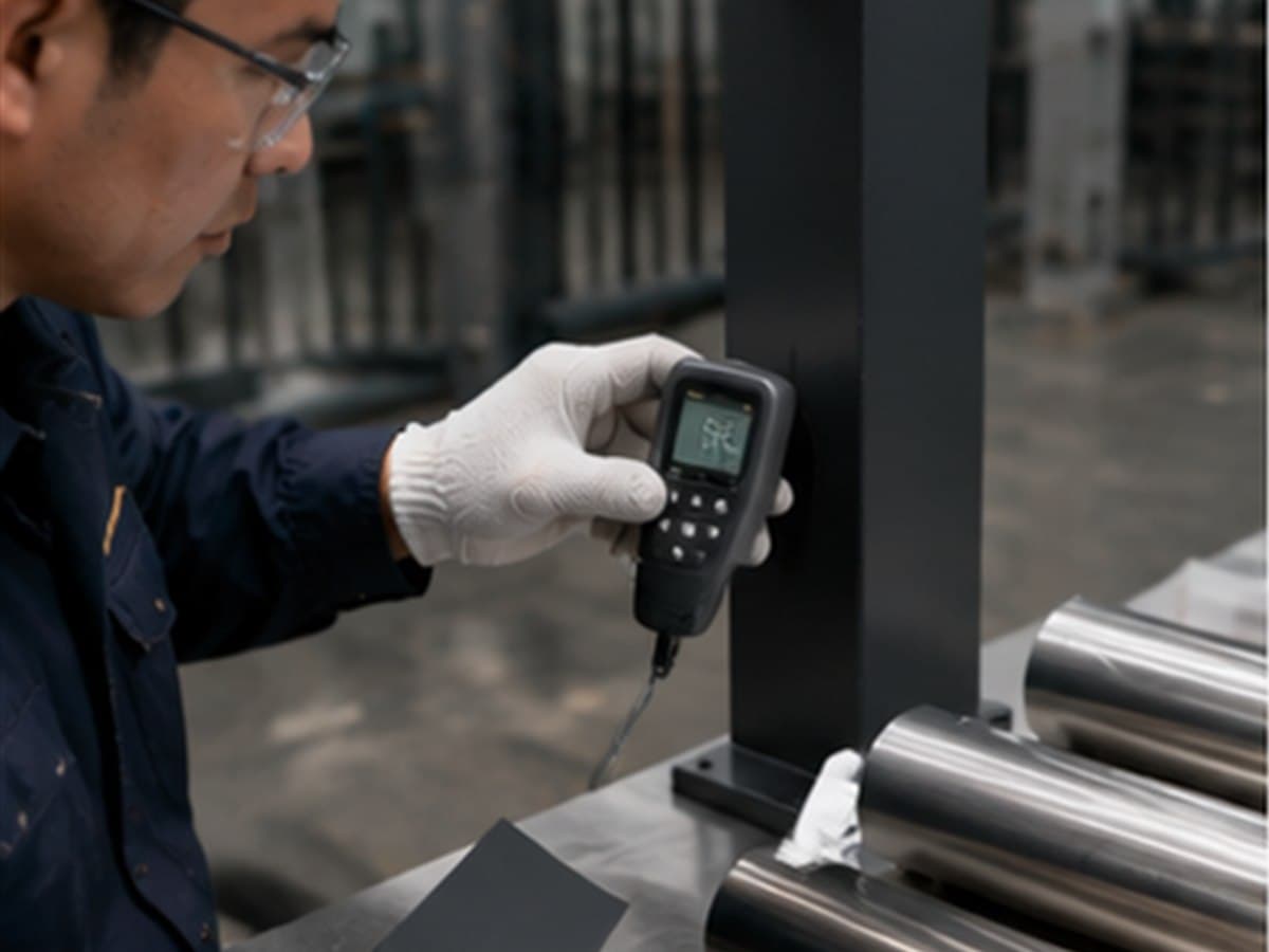 Factory inspector measuring the coating thickness on a black railing post