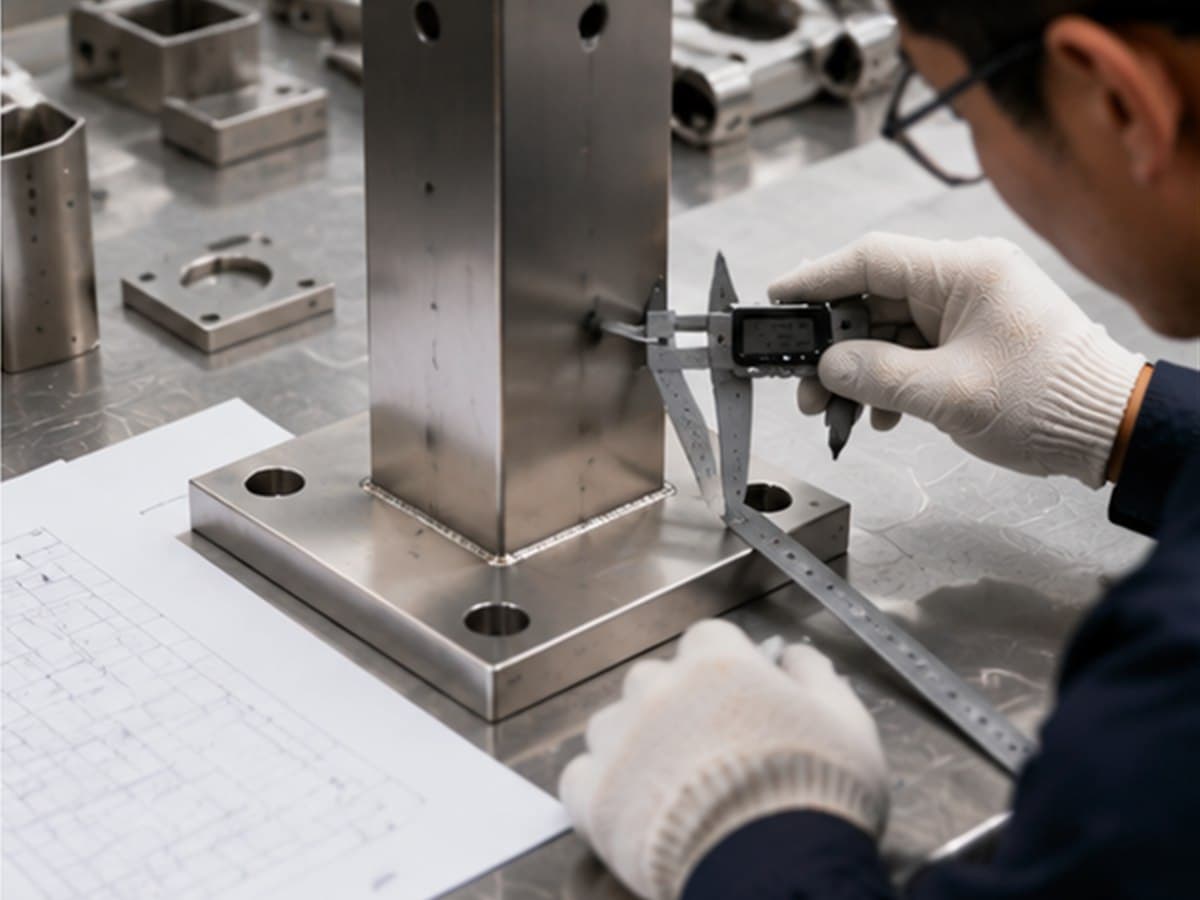 Inspector checking a custom stainless steel railing post and base plate with a digital caliper